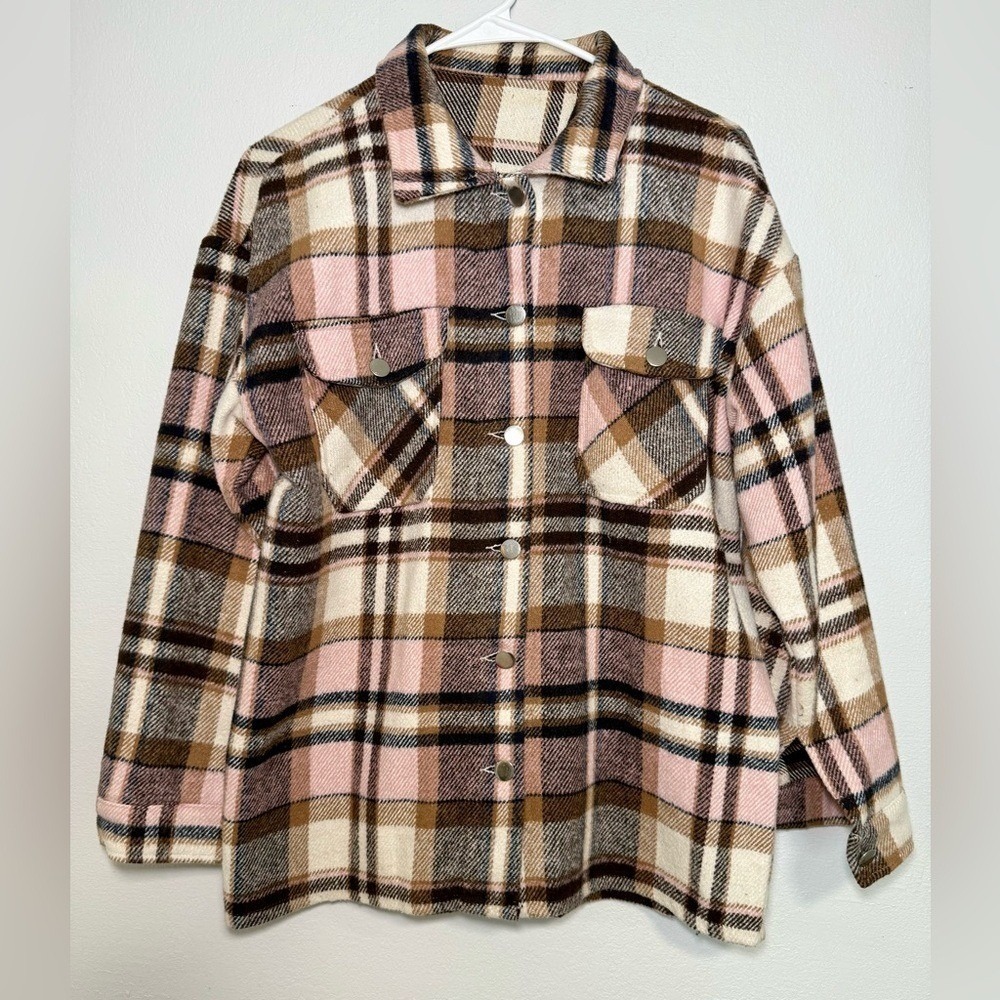 Unbranded Plaid‎ Flannel Shacket Womens M Pink Brown Cream Excellent Oversized